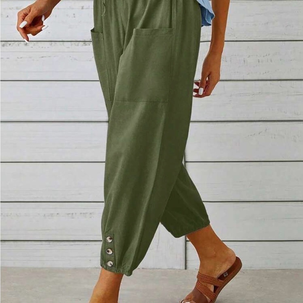 SHEIN Olive Green Cropped Button-Hem Casual Pants